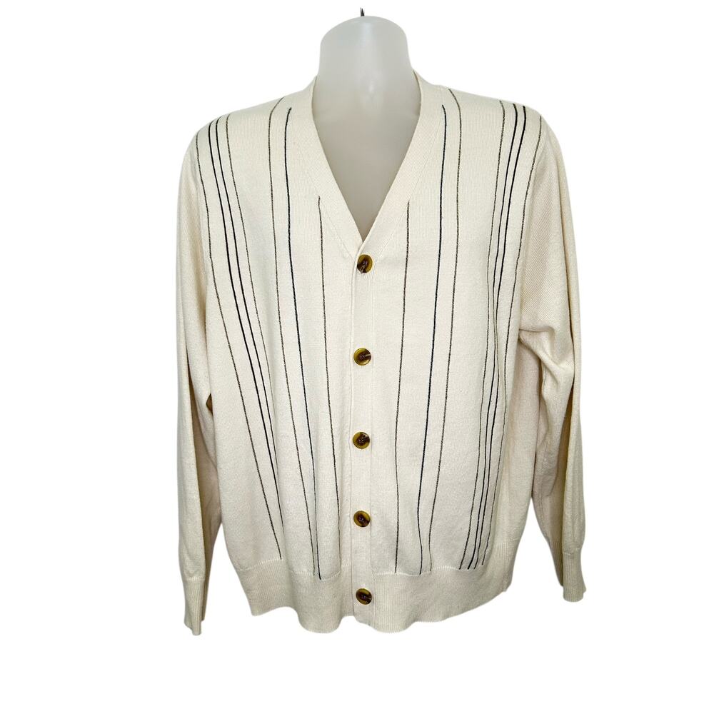 Geoffrey Beene Cream Striped Button Down V-Neck Cardigan Dad Mens Large